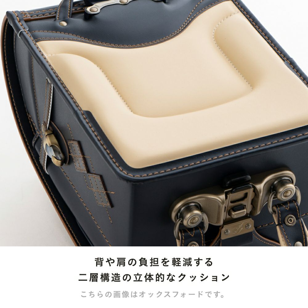 【2026年ご入学向け】レイブラック（牛革）黒×グレー 背や肩の負担を軽減する2層構造の立体的なクッション