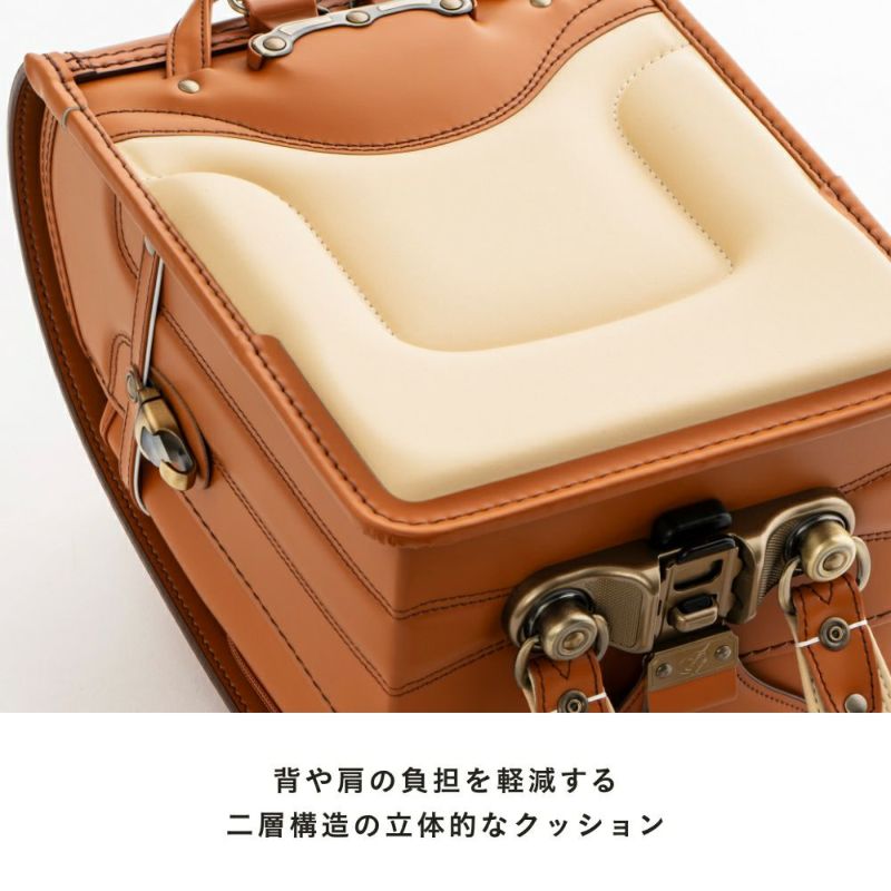 【2026年ご入学向け】コードバン・アンティーク（かぶせコードバン）赤 (金具：キュート) 背や肩の負担を軽減する2層構造の立体的なクッション